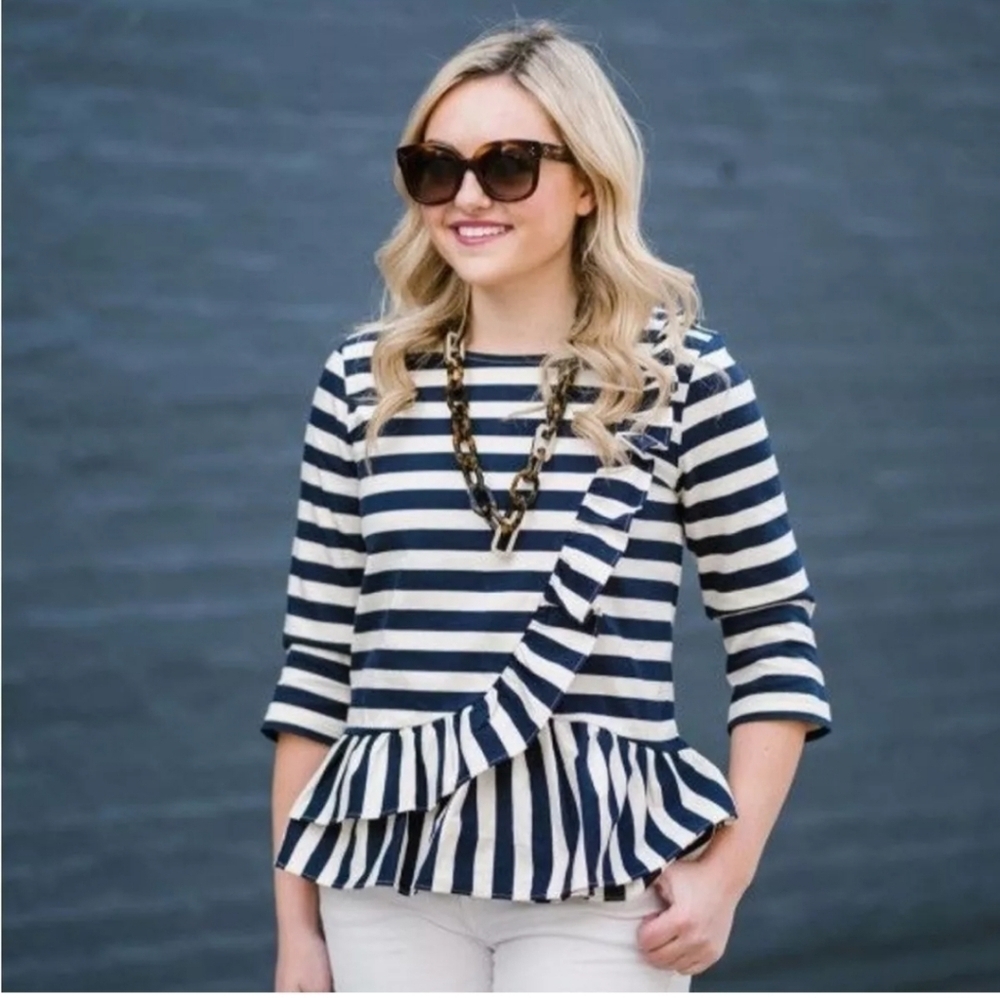 J. Crew Stripe Ruffle Top Asymmetric Shirt Blouse Cream Blue Size XXS